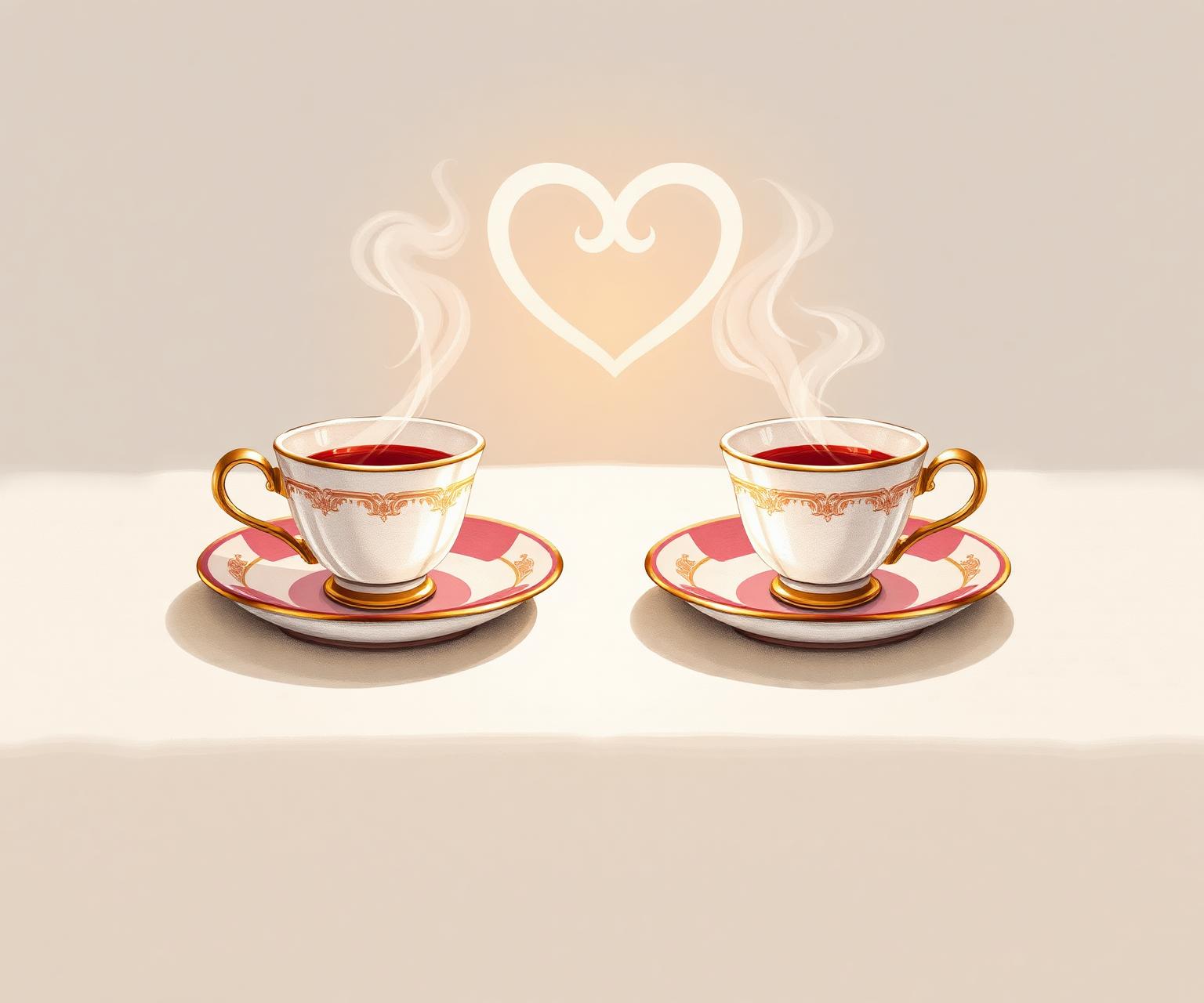 Two teacups sharing steam in the shape of a heart